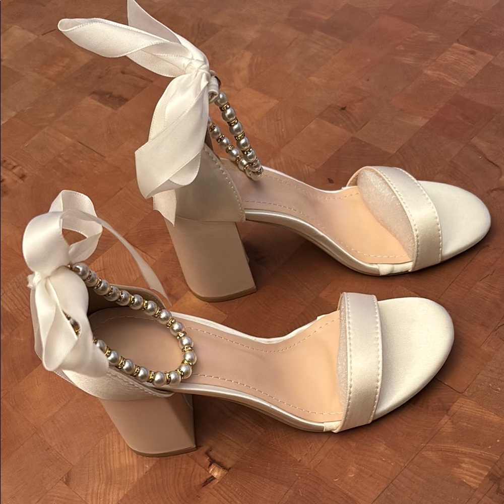 Cream Heels with Block Heel and Rhinestone Straps
